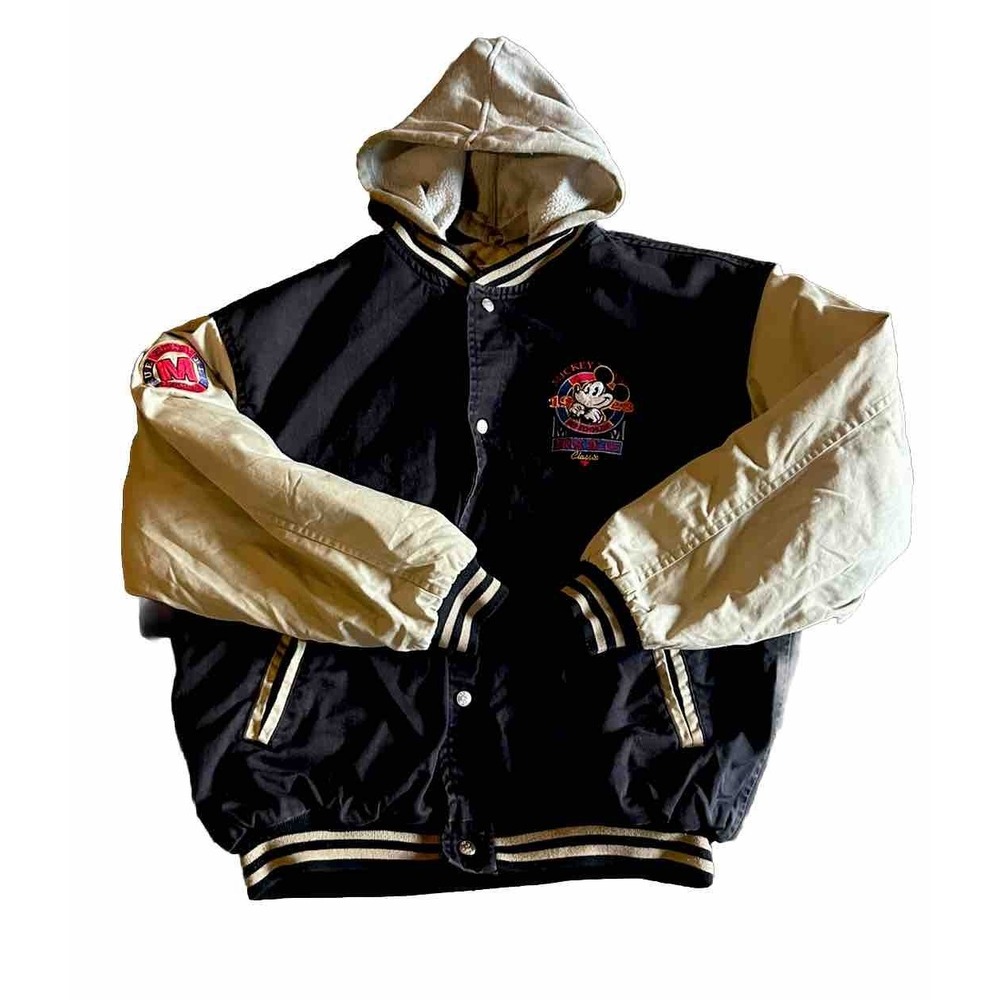 Vintage Mickey Mouse Disney Store Varsity Bomber Jacket Hooded L Black Denim